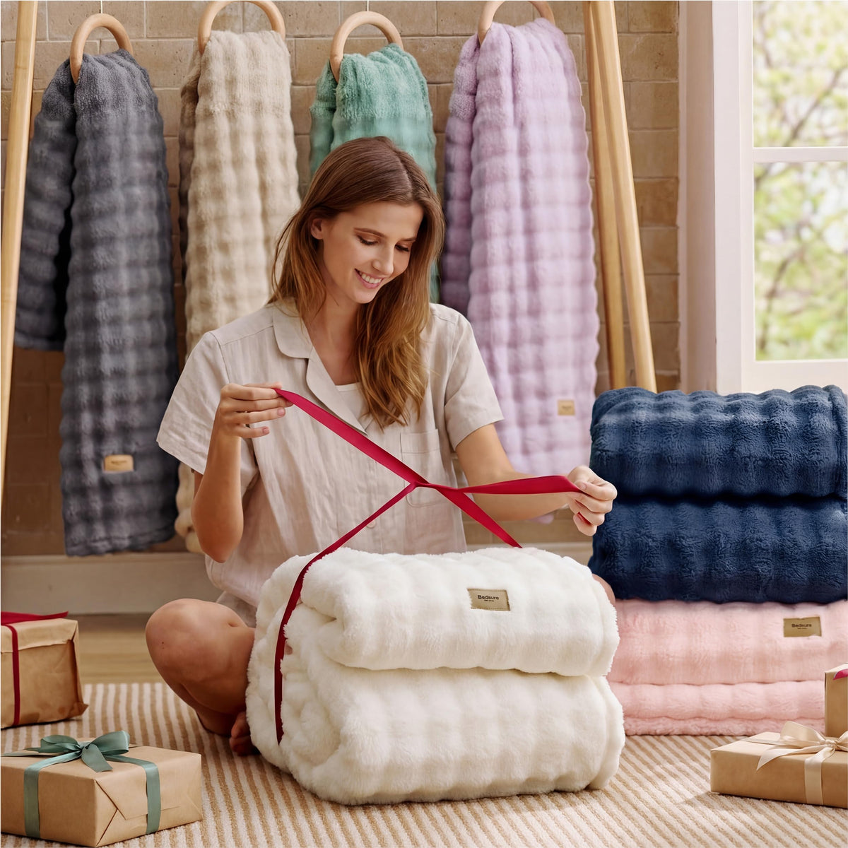 Bedsure blanket styled at the foot of the bed for layering and texture