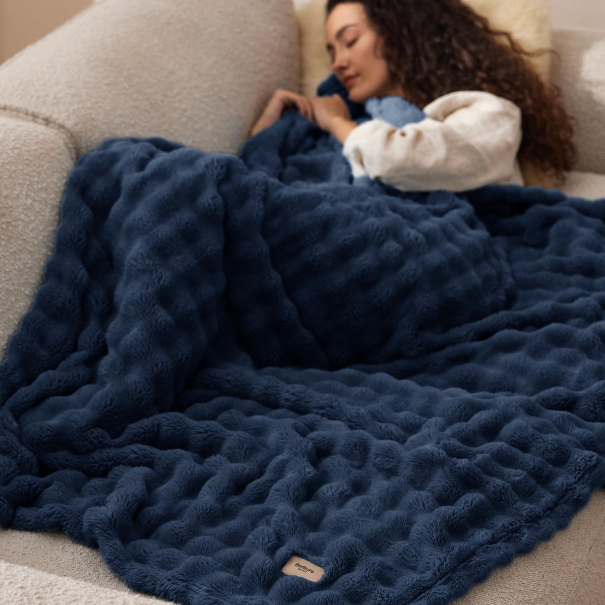 Bedsure navy bubble texture up close for visual depth and warmth