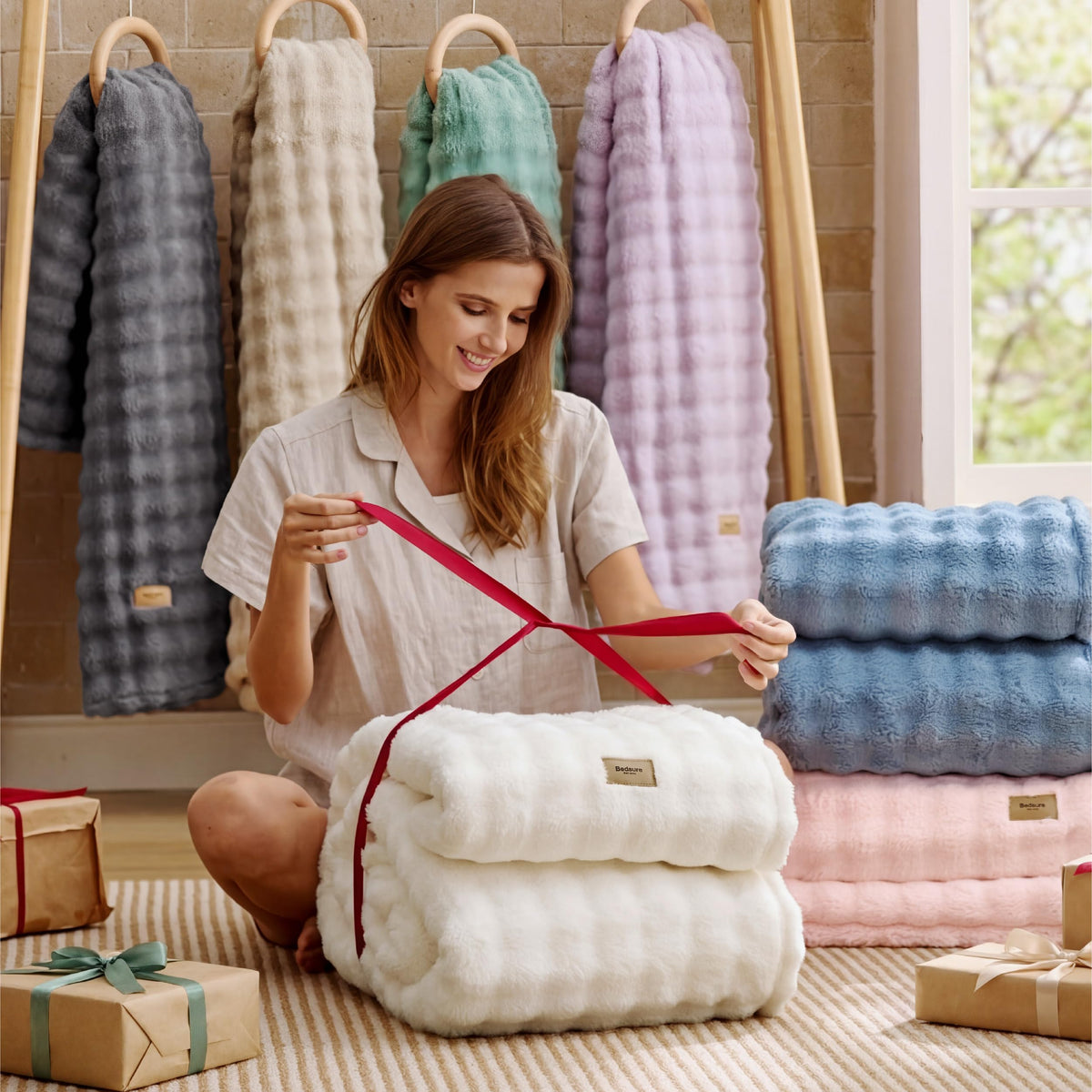 Bedsure pink blanket with packaging suggests gift-giving appeal