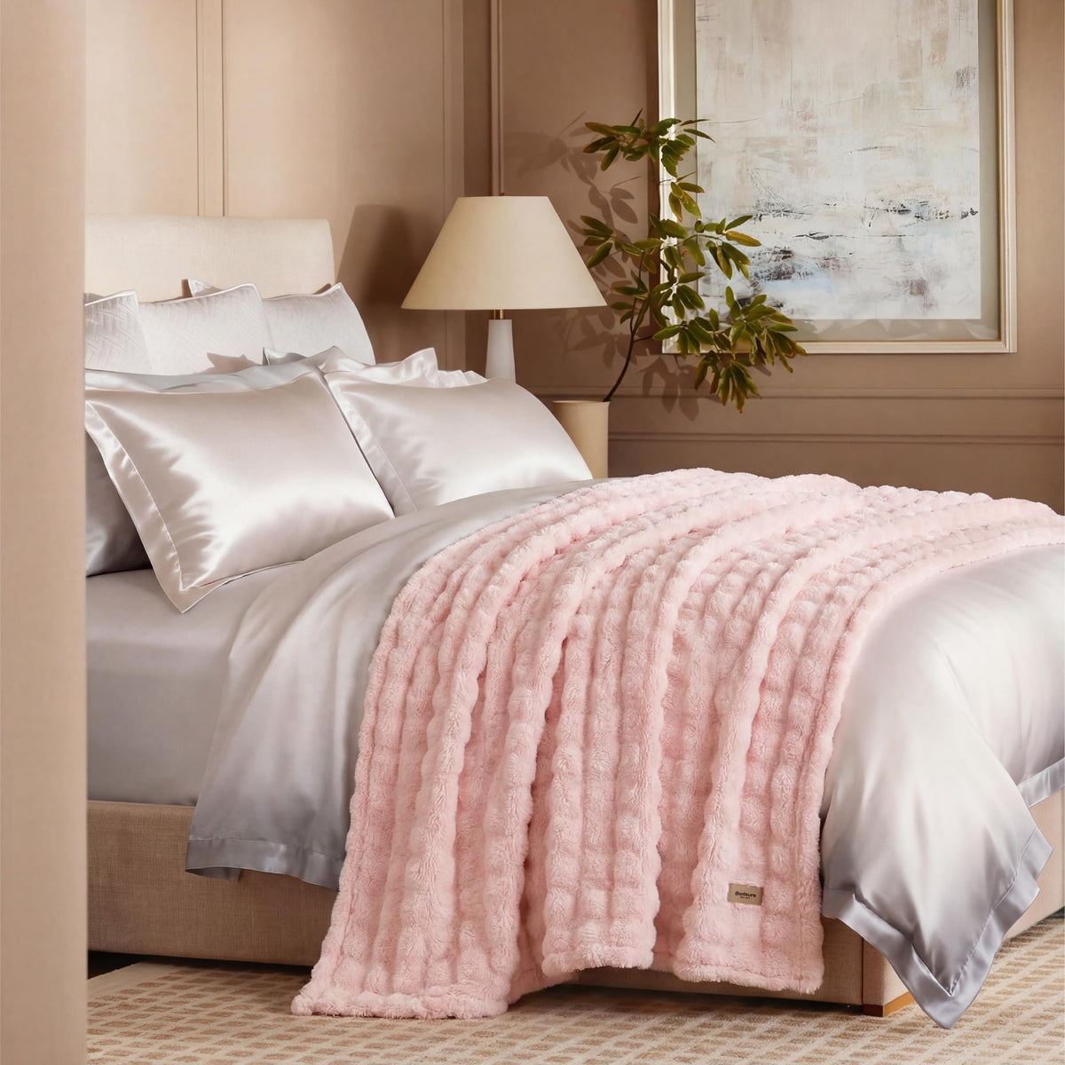 Bedsure 90x90 pink queen blanket on bed for bed styling