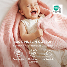 Bedsure four-layer muslin blanket emphasizing durability for frequent washes