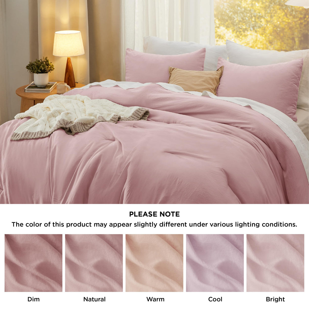 Bedsure all-seasons pink comforter displayed in a neat bedroom