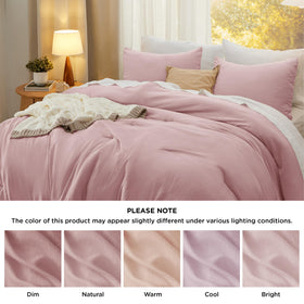 Bedsure all-seasons pink comforter displayed in a neat bedroom