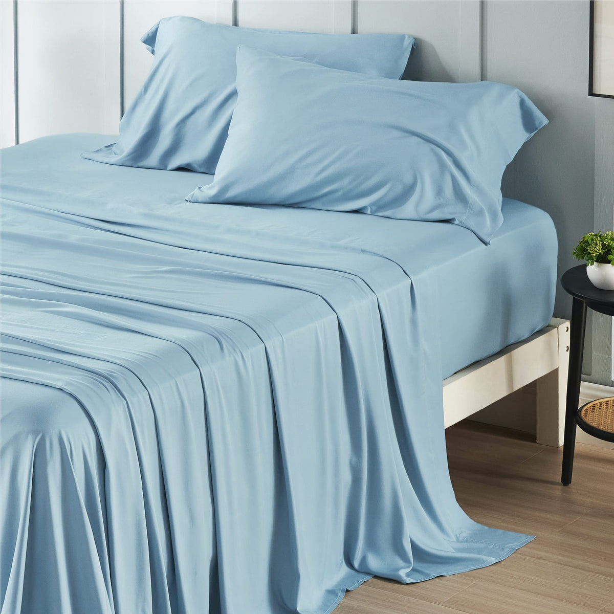 Bedsure bamboo cooling sheets flat sheet close-up reveals silky texture for cooler nights
