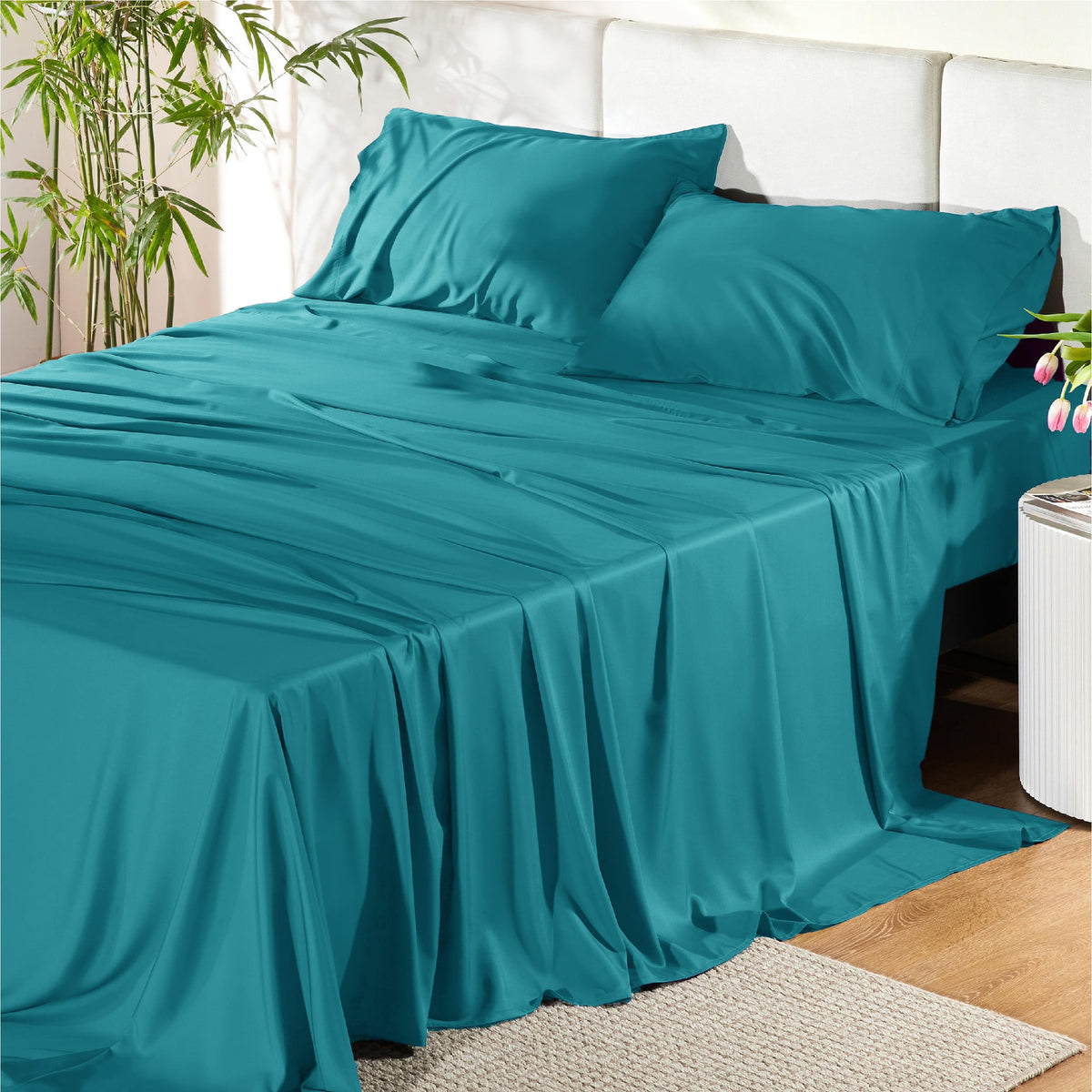 Bedsure bamboo rayon queen flat sheet laid out for a silky, cooling feel.