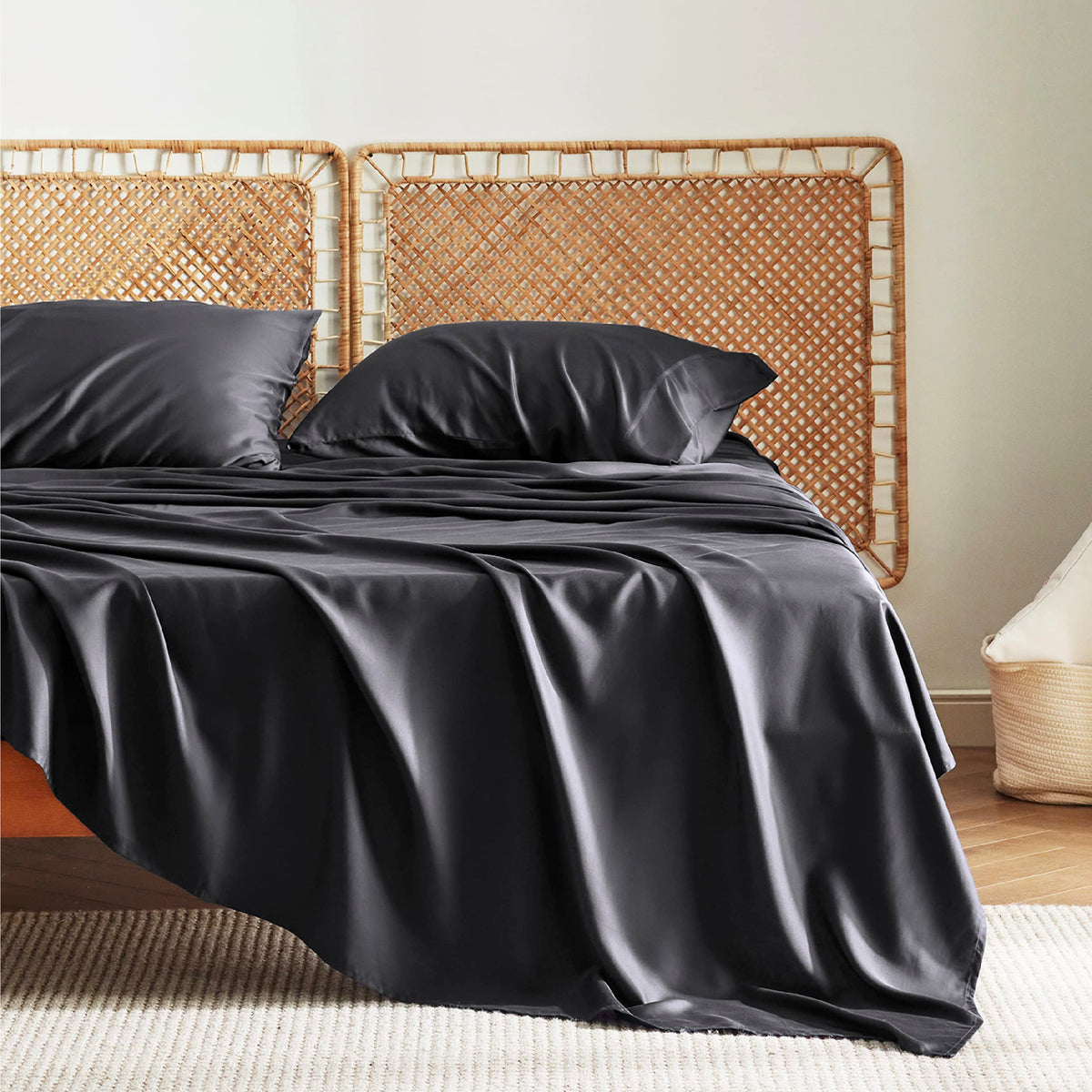 Bedsure bamboo-rayon sheets close-up showing silky-soft texture and chemical-free material.