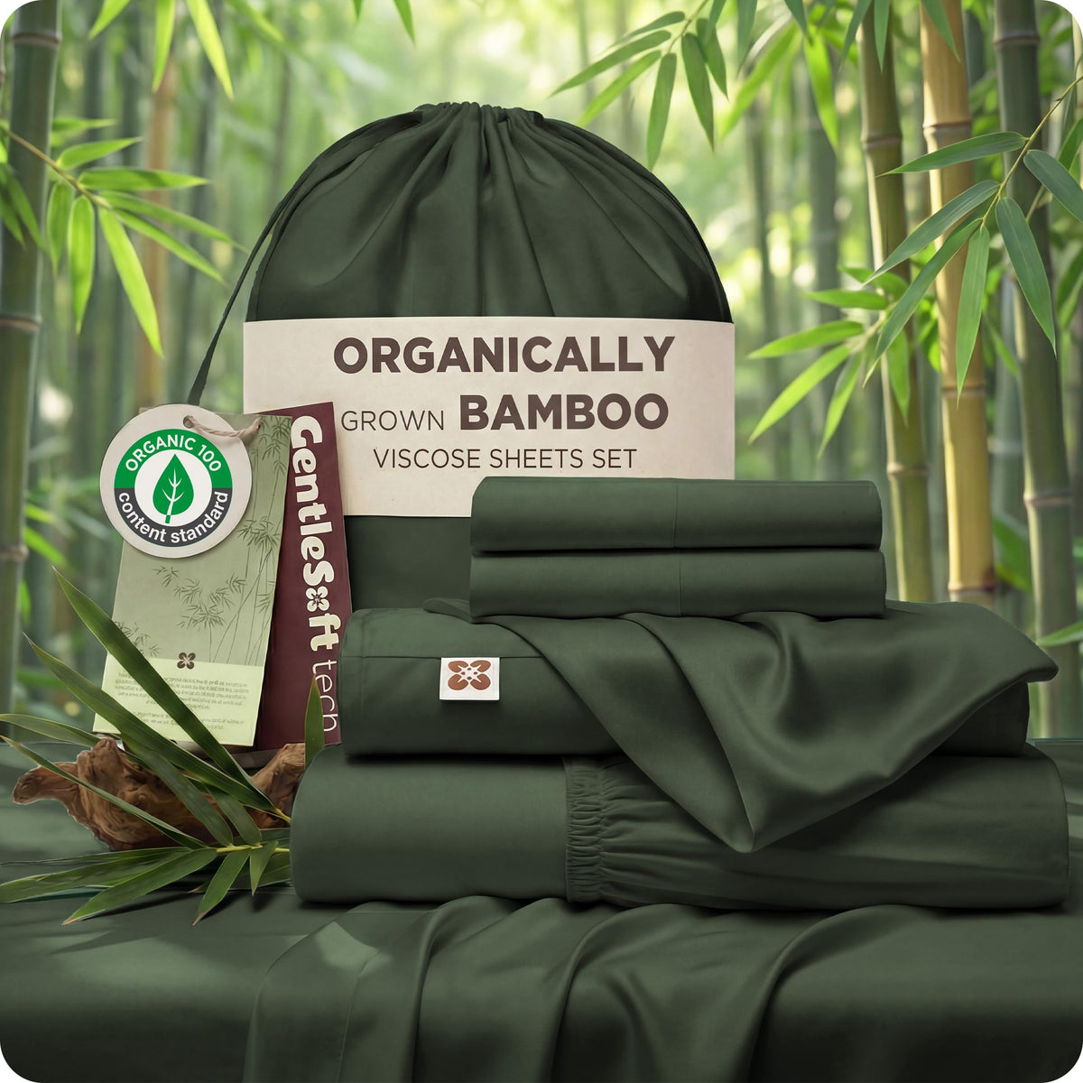Bedsure bamboo sheets olive green packaging highlights eco-friendly materials.