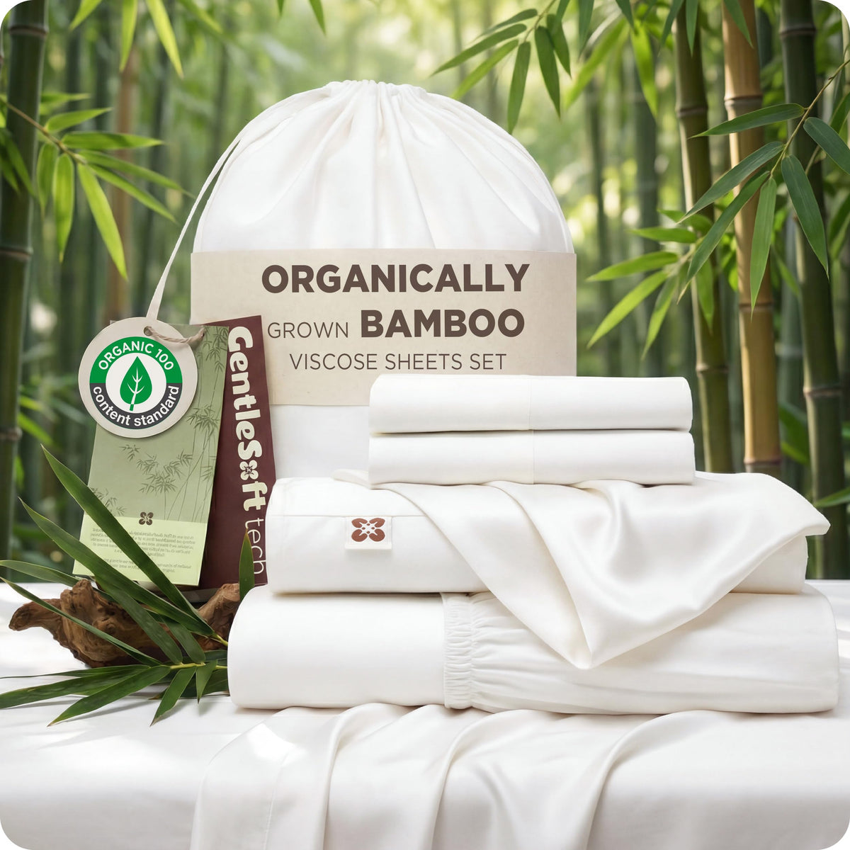 Bedsure queen-size bamboo sheets top view highlighting breathable cooling fabric.