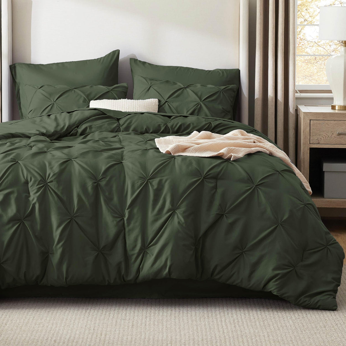 Bedsure bedroom decor ambiance shot with olive green bedding.