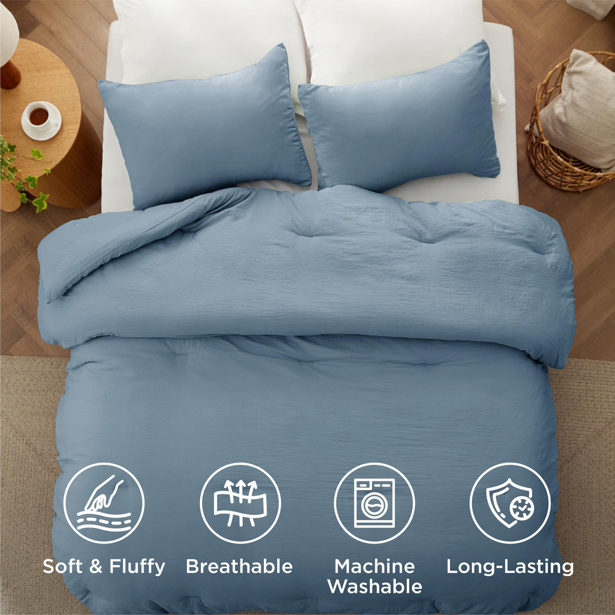 Bedsure bedroom display with dusty blue bedding boosts cozy vibe.