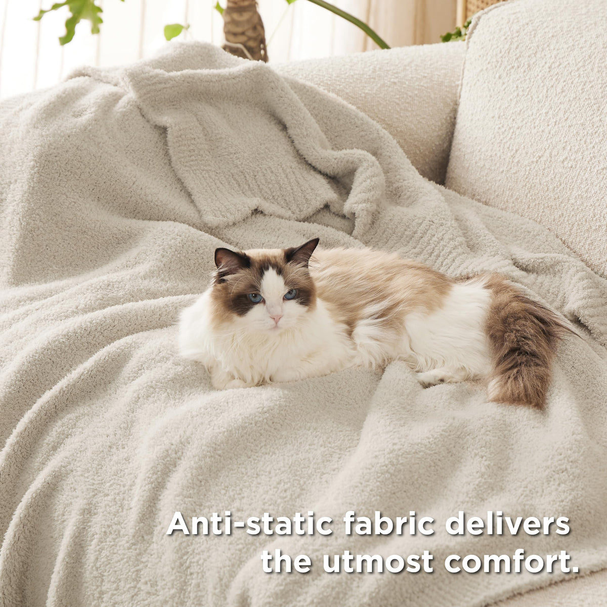 Bedsure beige knit throw blanket with durable stitching for longevity.