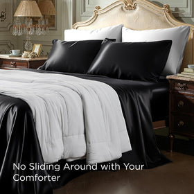 Bedsure black satin sheets close up reveals rich sheen and soft handfeel