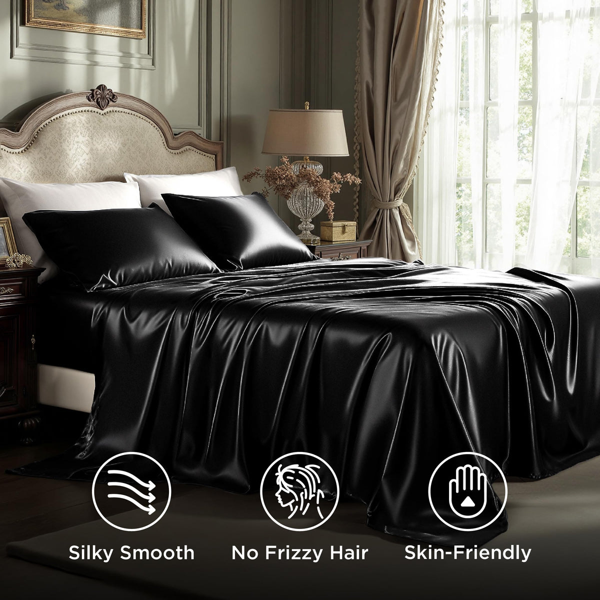 Bedsure black satin king fitted sheet shows secure 15 inch pocket for a snug fit
