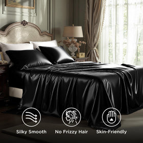 Bedsure black satin king fitted sheet shows secure 15 inch pocket for a snug fit