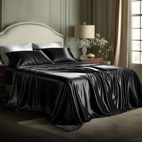 Bedsure black satin king flat sheet drapes smoothly for a refined bedroom look
