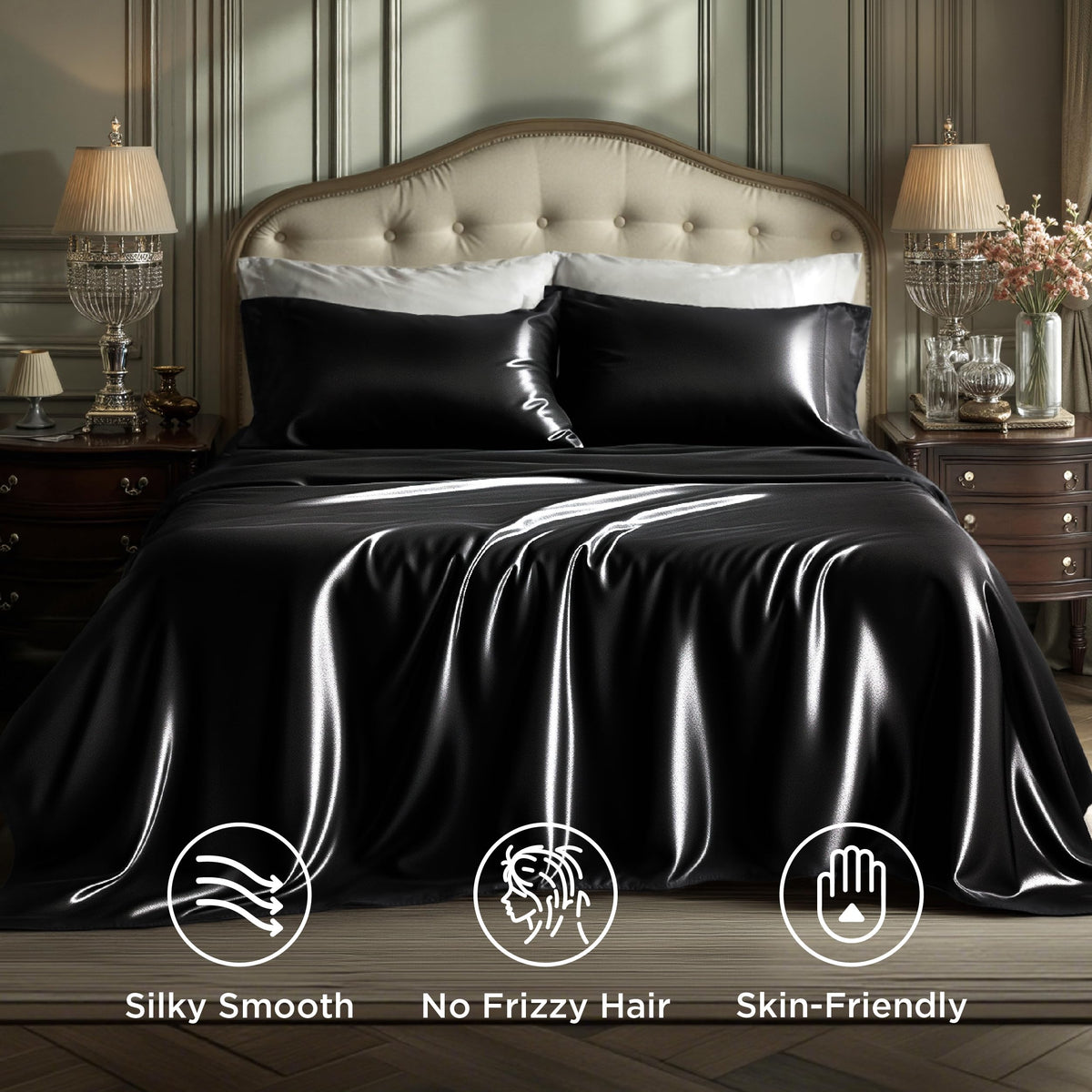 Bedsure black satin queen fitted sheet with a 15-inch pocket ensures a secure fit.