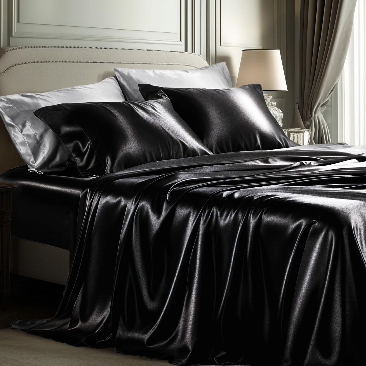 Bedsure black satin queen flat sheet shows silky texture for luxury sleep.