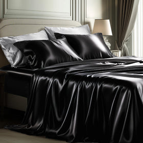 Bedsure black satin queen flat sheet shows silky texture for luxury sleep.