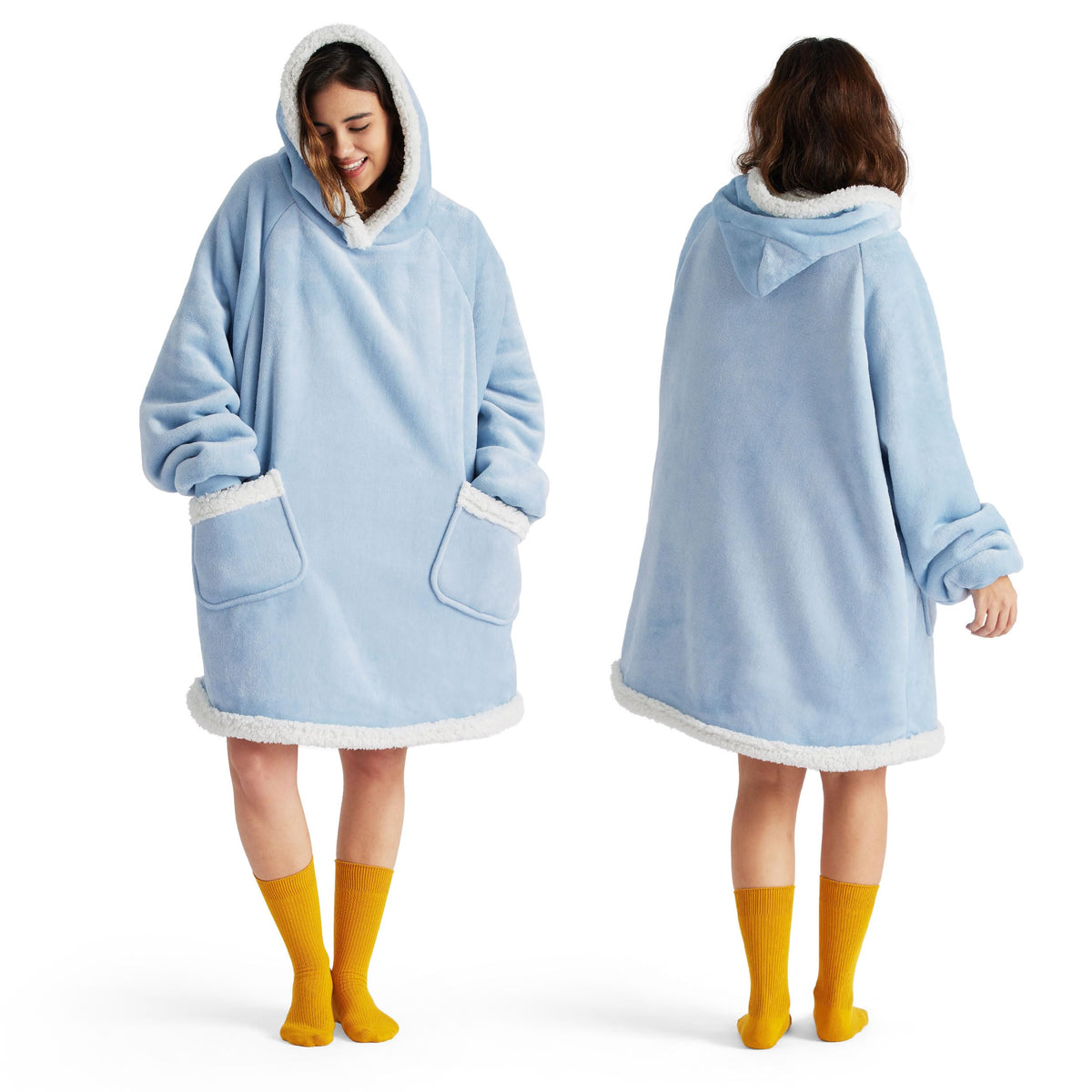 Bedsure blanket hoodie in sky blue exterior for cozy at-home warmth