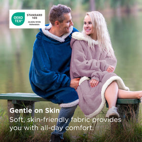 Bedsure Blanket Hoodie worn on model demonstrates cozy versatility.