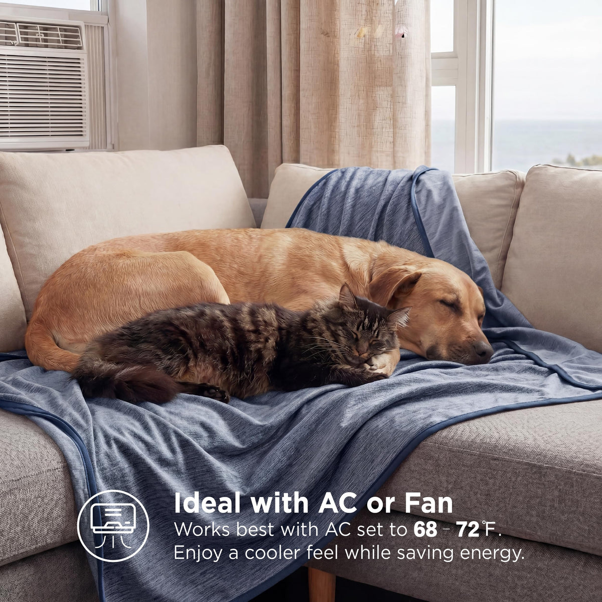 Bedsure blanket draped on sofa illustrating versatile cooling use