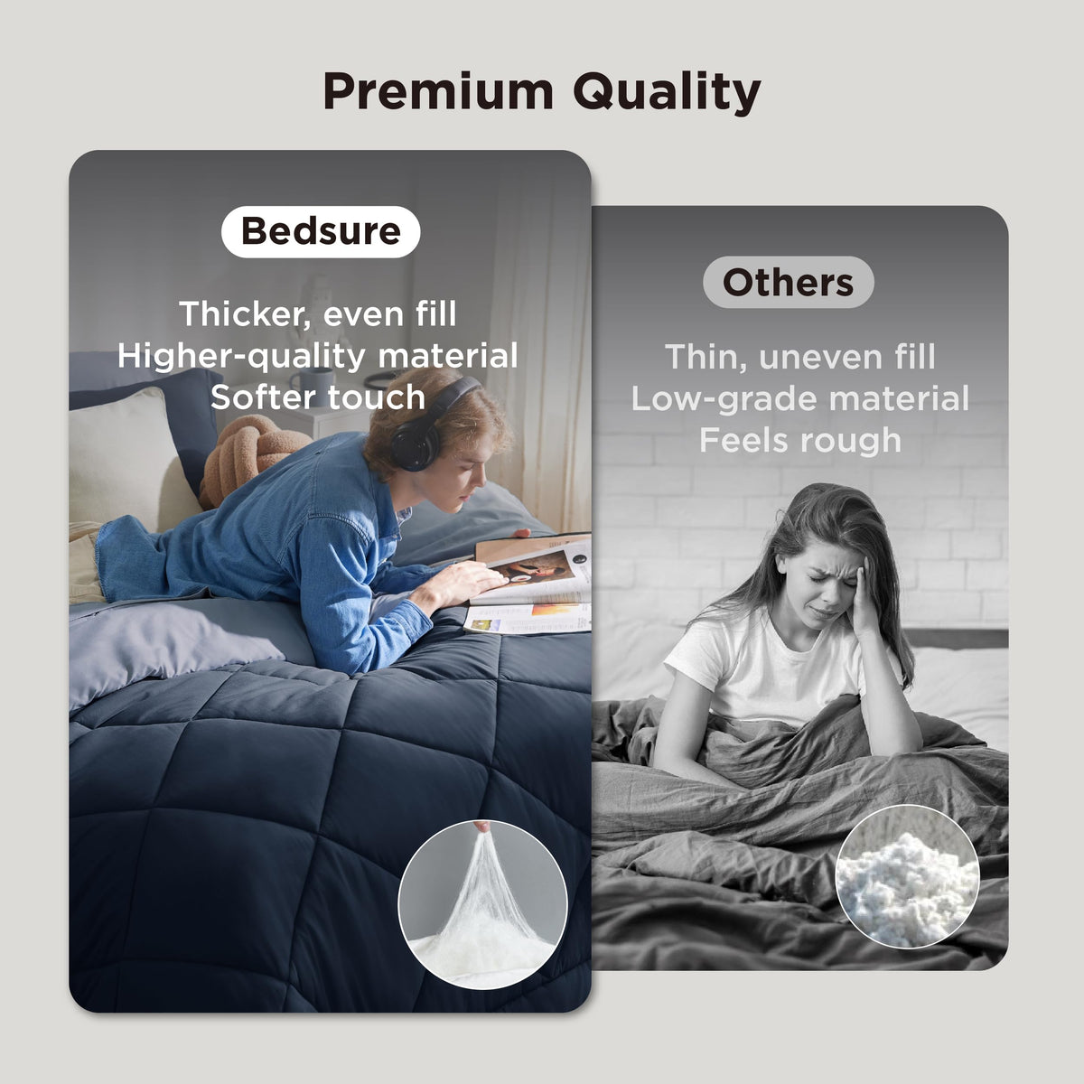 Bedsure blue queen comforter set showing fitted sheet pocket for secure mattress fit up to 14 inches.