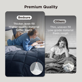 Bedsure blue queen comforter set showing fitted sheet pocket for secure mattress fit up to 14 inches.