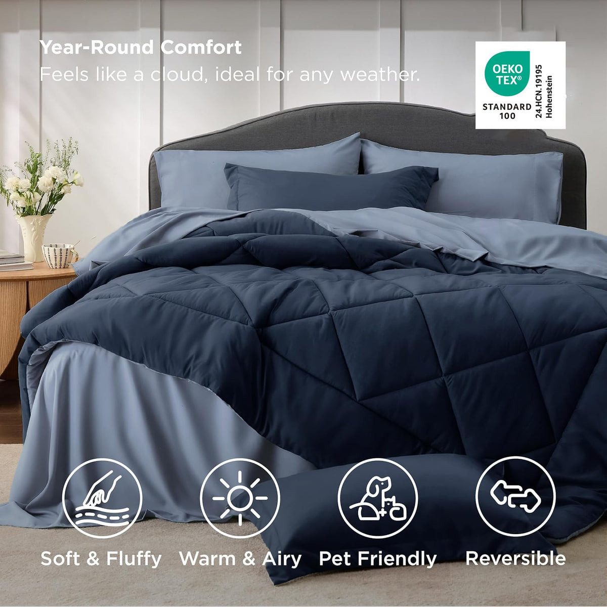 Bedsure blue queen comforter set with pillow shams for a coordinated bedroom look.
