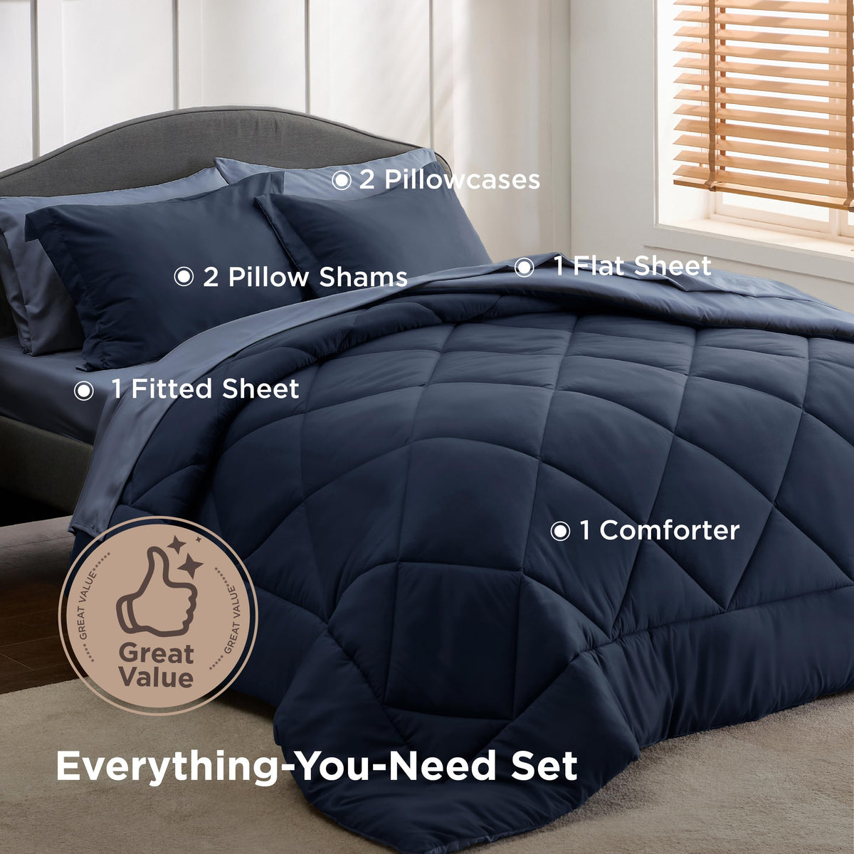 Bedsure blue queen comforter set with pillowcases featuring envelope closures for secure pillows.