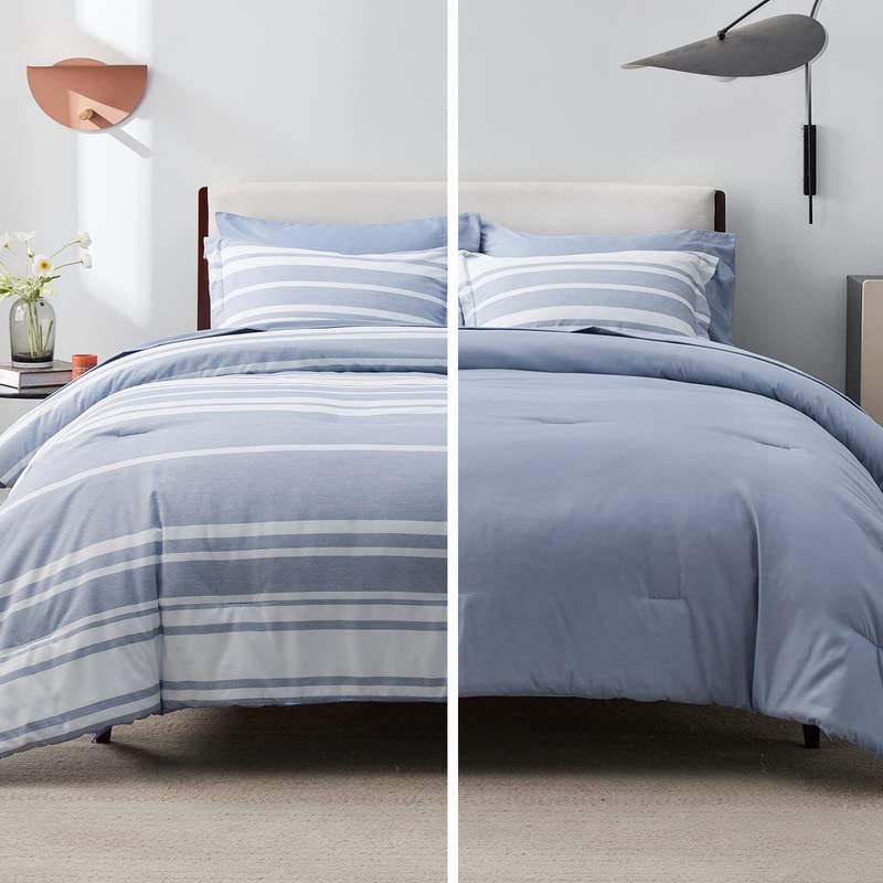 Bedsure blue striped bed-in-a-bag display conveys warmth and style
