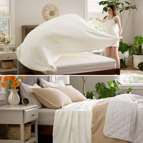 Bedsure breathable summer blanket in cream for comfortable evenings on the couch.
