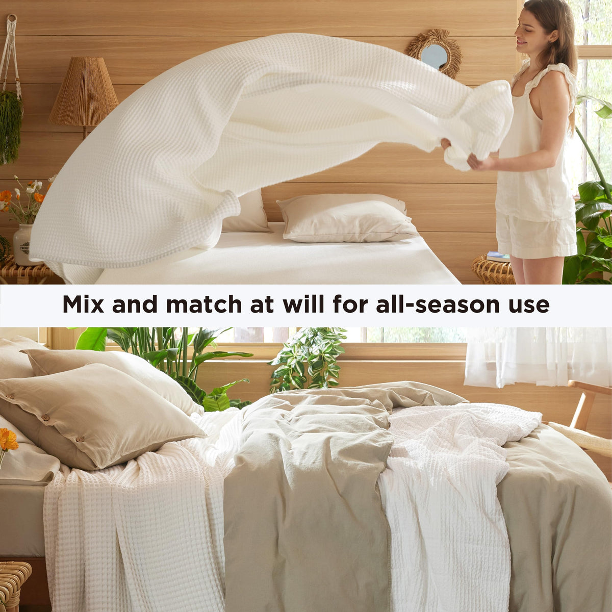 Bedsure breathable waffle weave detail emphasizes airflow and cool comfort.