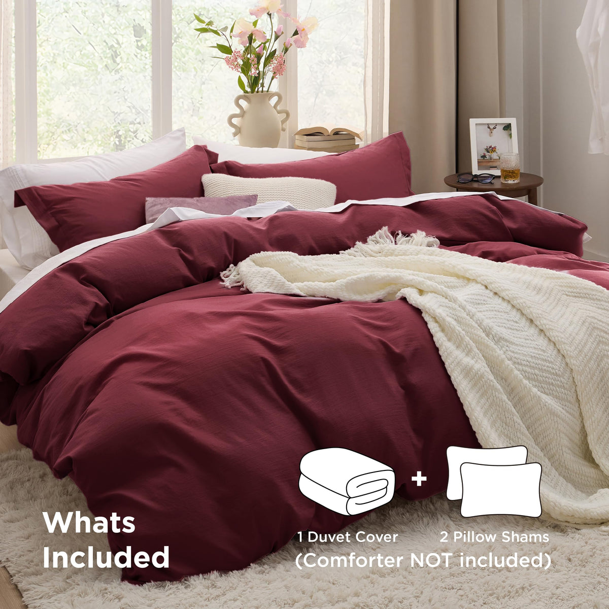 Bedsure Burgundy duvet cover fabric close-up highlighting microfiber softness