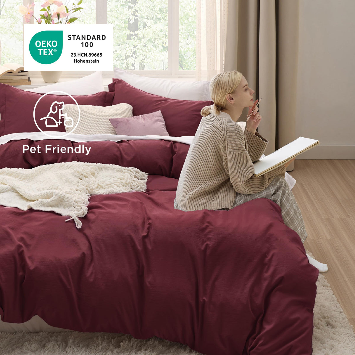 Bedsure Burgundy pillow shams 20x26 coordinated with duvet cover