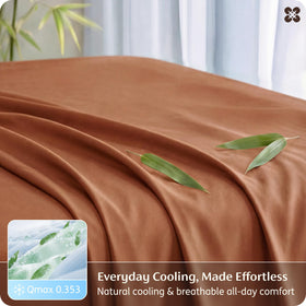 Bedsure burnt orange sheet close-up highlighting breathable, cooling surface.