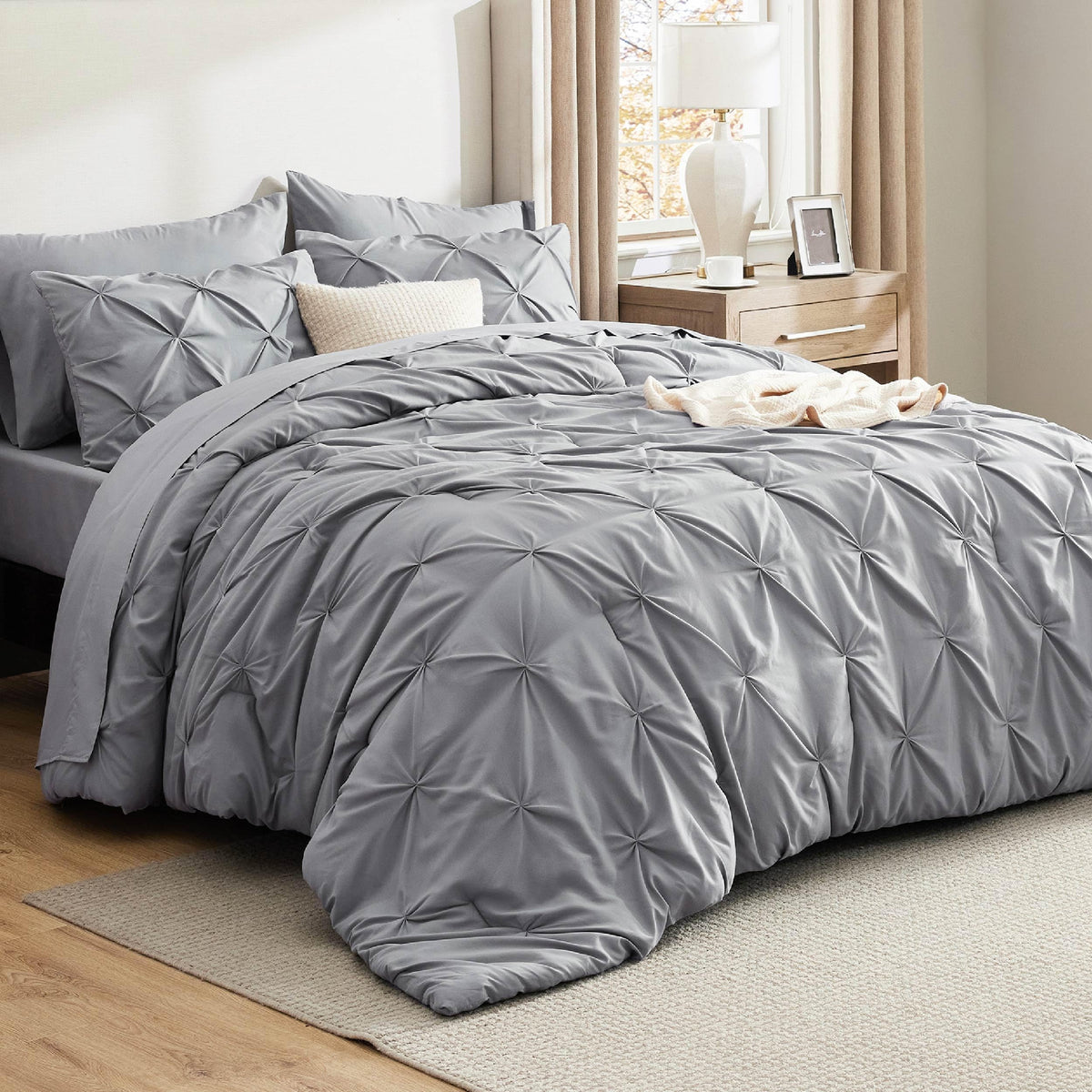 Bedsure California King comforter grey packaged seven-piece set for quick bedroom setup
