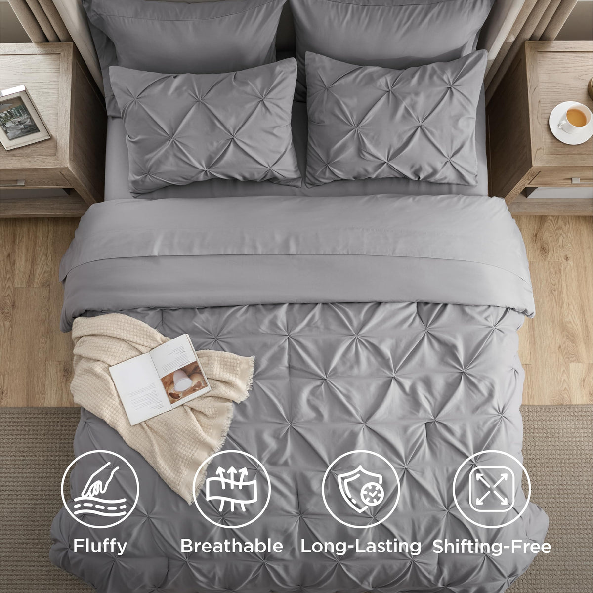 Bedsure California King comforter grey close-up stitching highlights pinch-pleat design