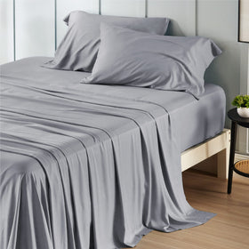 Bedsure California King flat sheet shows cooling, breathable bamboo rayon texture.