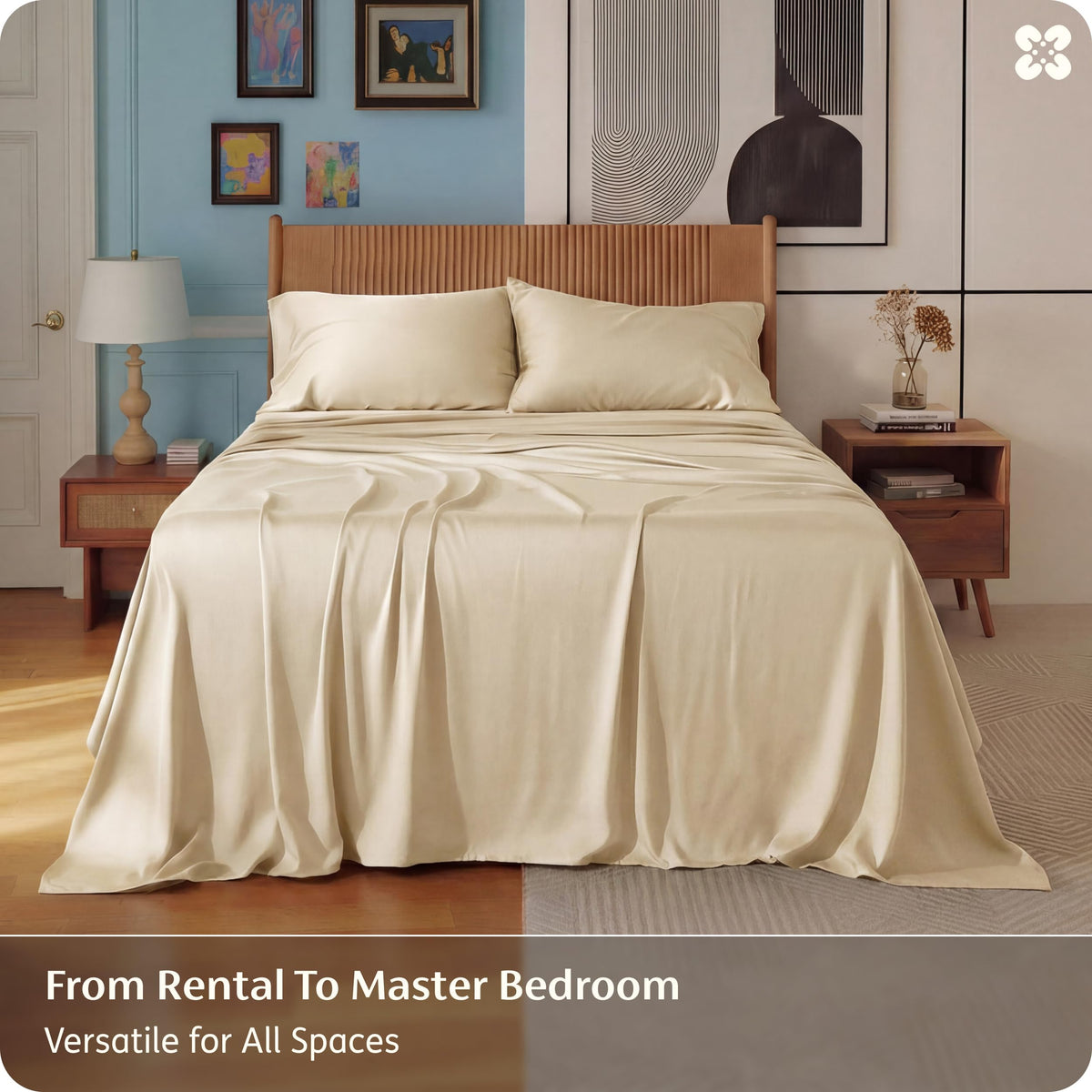 Bedsure California King sheet set packaging highlights easy care and hotel-inspired luxury.