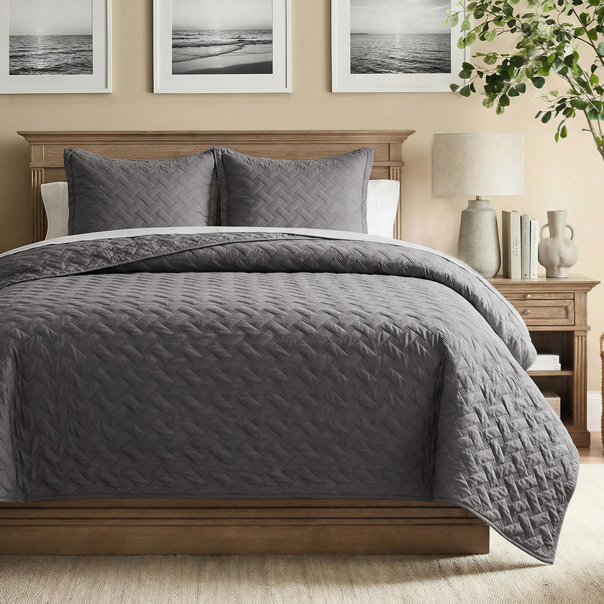 Bedsure California King quilt with basket weave in grey on bed for year-round comfort.