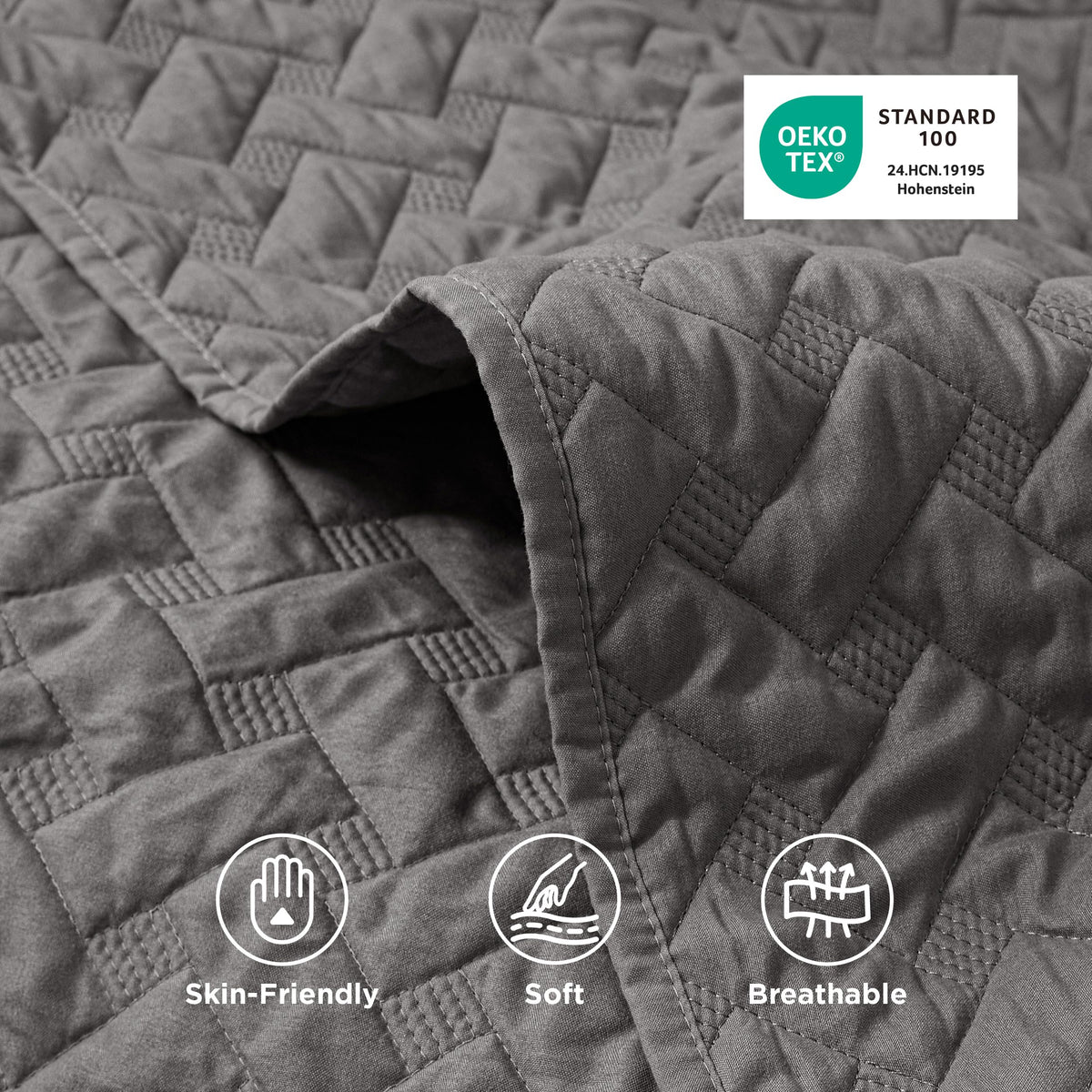 Bedsure grey pillow shams accompany the quilt for cohesive bedroom styling.