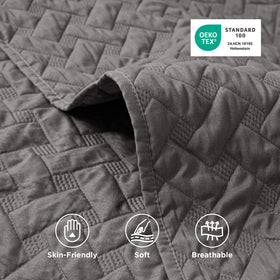 Bedsure grey pillow shams accompany the quilt for cohesive bedroom styling.