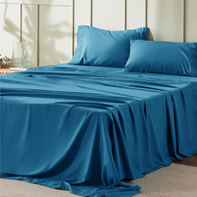 Bedsure California King sheet set on teal bed showing four-piece package for premium sleep