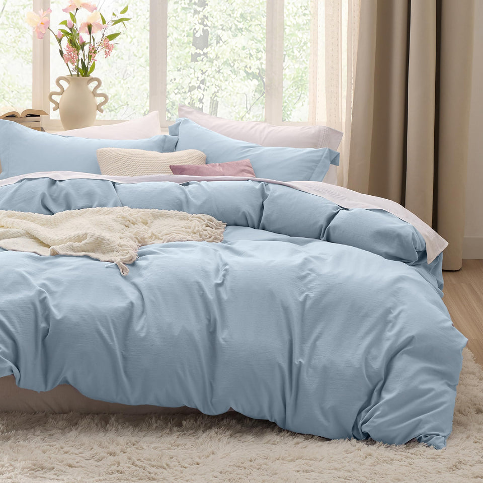 Bedsure Celestial Blue duvet cover king on bed showing calm color and soft fabric.