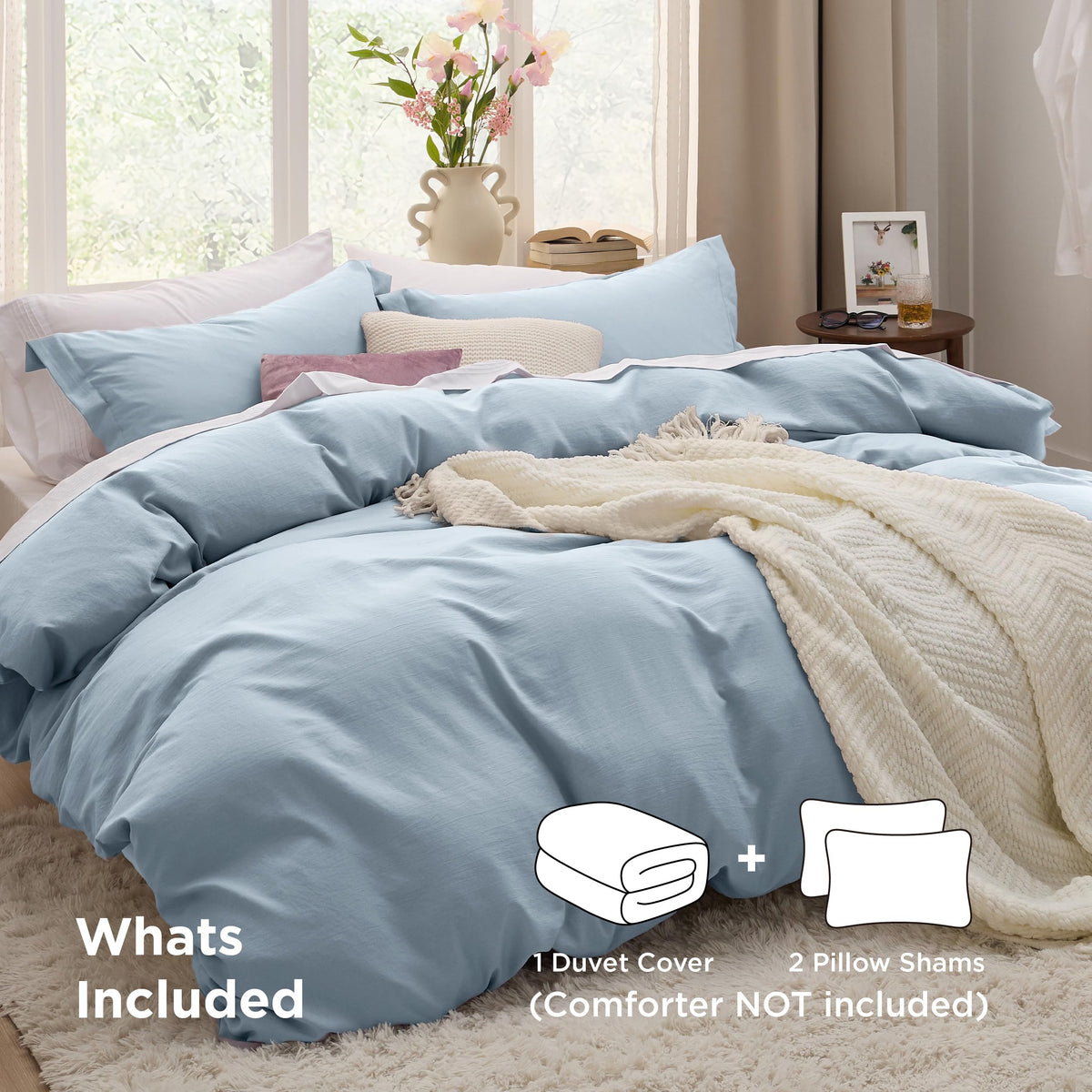 Bedsure Celestial Blue sham pair 20x26 with secure ties for neat bedding.