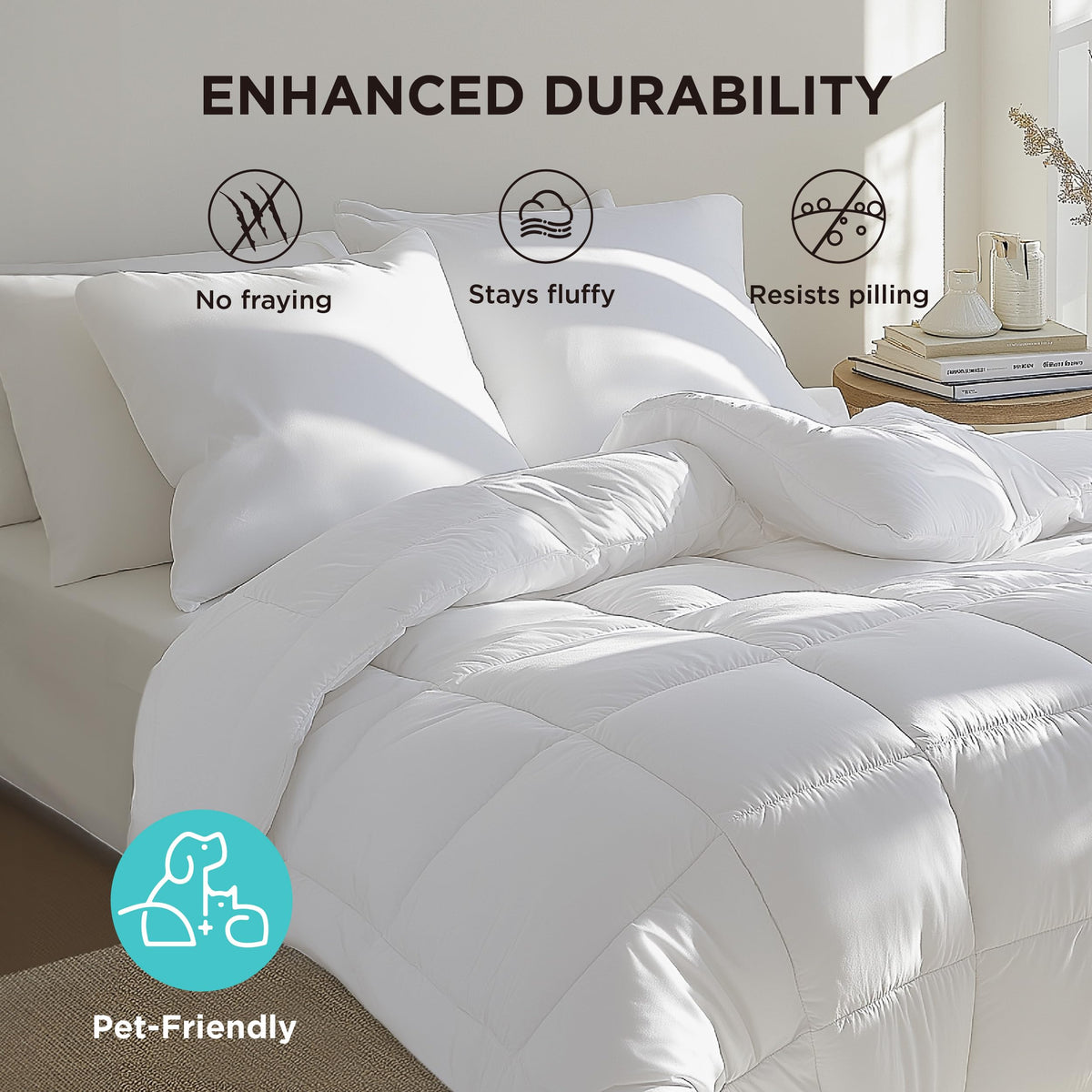 Bedsure bedding laid out to show size and generous Queen Plus dimensions