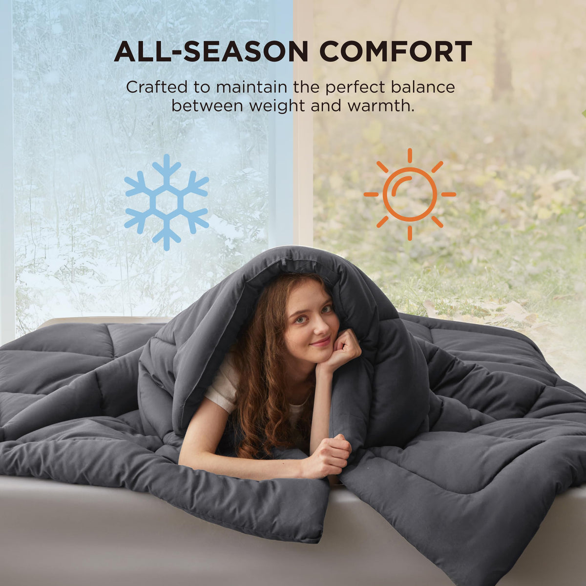 Bedsure queen-size comforter in dark grey on bed
