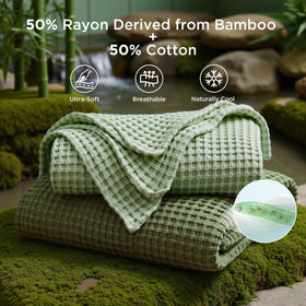 Bedsure cooling cotton waffle blanket on bed showcases soft, breathable warmth.