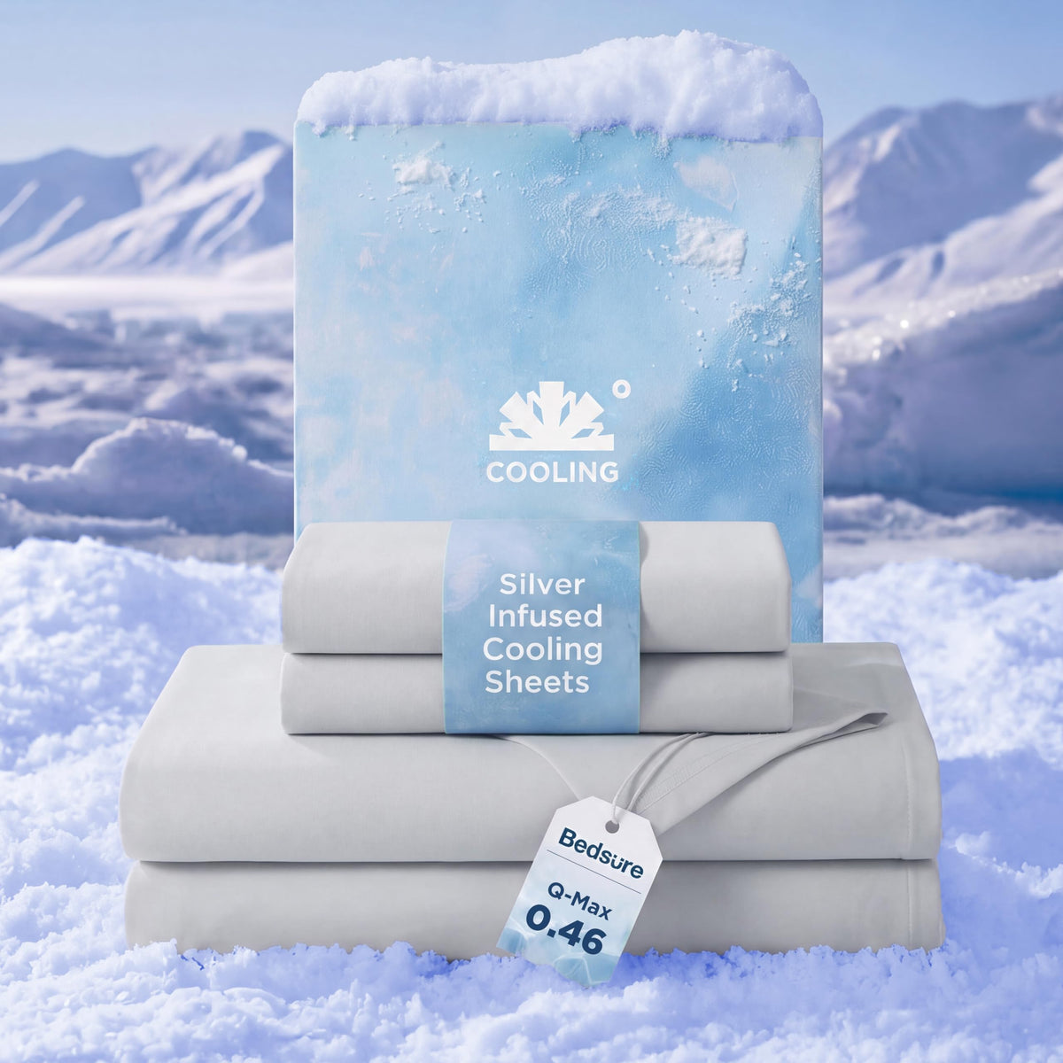 Bedsure cooling sheets close-up shows silky, silver-infused fabric with instant cooling.