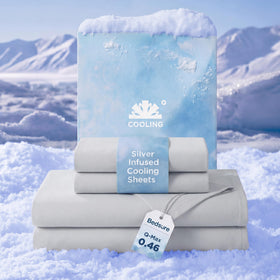 Bedsure cooling sheets close-up shows silky, silver-infused fabric with instant cooling.